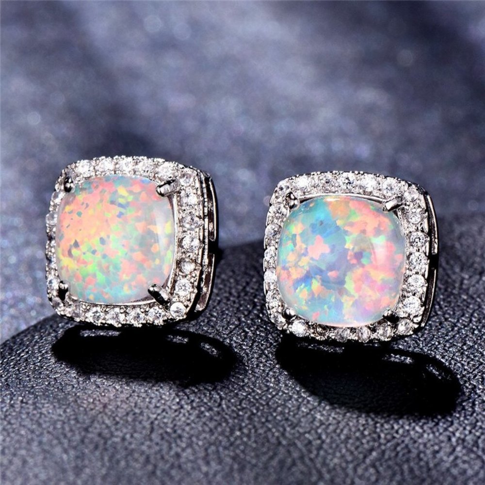Sterling Opal Halo Stud Earrings - Iridescent White